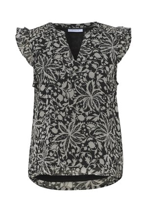 Blouse noire sans manches avec des manches courtes volantées transparentes, encolure en V et motif floral beige en forme de vigne sur toute la surface.