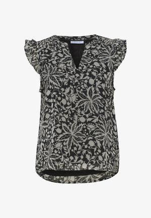 Schwarze ärmellose Bluse mit transparenten, gerafften kurzen Ärmeln, V-Ausschnitt und beigem floralen Weinrankenmuster über die ganze Fläche.