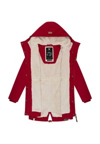 Parka rossa con un morbido rivestimento in pile bianco, cappuccio, bottoni a pressione e un'etichetta interna. Presenta una finitura morbida e testurizzata.