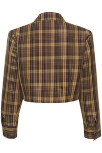 Giacca cropped in tessuto a quadri giallo e marrone con maniche lunghe, colletto e polsini con bottoni. Presenta un motivo di superficie texturizzato.