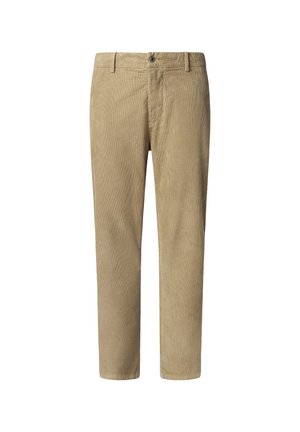 Pantalons en velours côtelé beige avec une taille standard, une coupe frontale plate et deux poches latérales ; avec un godet vertical et une coupe droite.