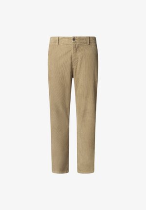 Beige corduroy trousers with a flat front, standard waistband, and two side pockets; features vertical ribbing and a straight cut.