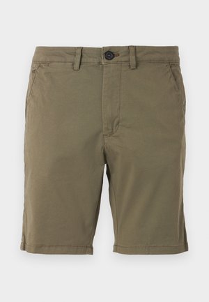 Olive green shorts made from cotton blend fabric, featuring a button closure, front pockets, and a hemmed bottom with subtle stitching details.