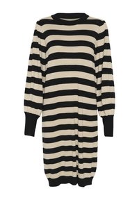 Striped long-sleeve dress in black and beige, featuring a round neckline, elasticated cuffs, and a relaxed fit. Soft knit texture.
