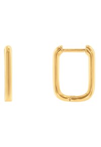 Ohrringe aus goldfarbenem Metall mit einem einzigartigen rechteckigen Design und glatten, abgerundeten Kanten. Die Oberfläche ist poliert für ein elegantes Erscheinungsbild.