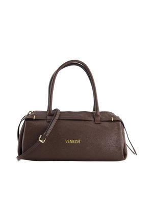 Brown leather handbag with a textured finish, gold hardware accents, dual handles, and a detachable shoulder strap. Brand logo displayed.