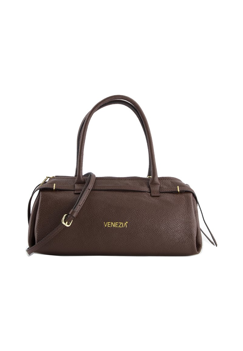 Brown leather handbag with a textured finish, gold hardware accents, dual handles, and a detachable shoulder strap. Brand logo displayed.