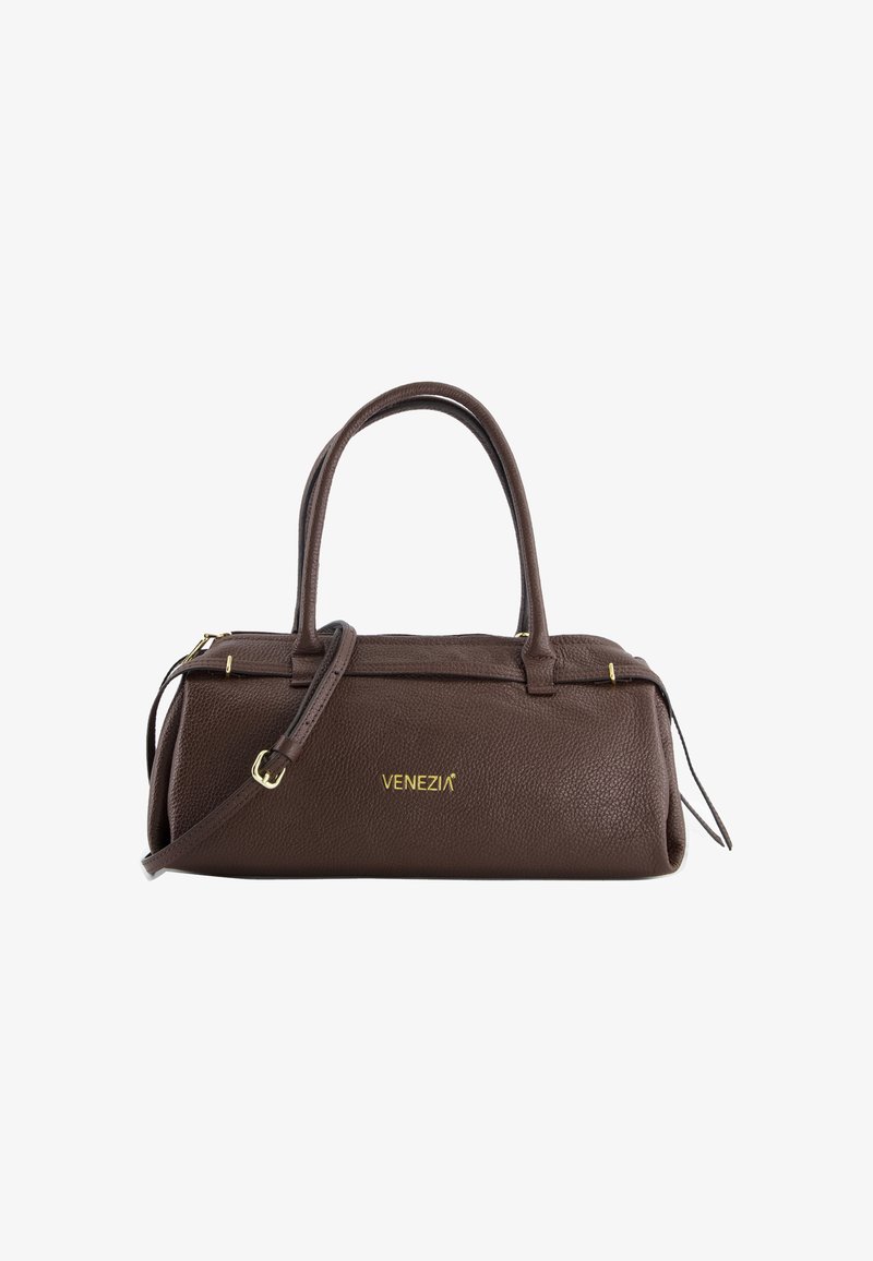 Brown leather handbag with a textured finish, gold hardware accents, dual handles, and a detachable shoulder strap. Brand logo displayed.