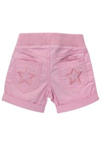 Pink denim shorts with a ribbed waistband, rolled hems, and two back pockets featuring star-shaped embroidery in a lighter pink shade.