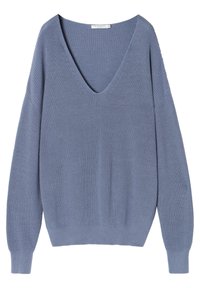 Pull tricoté bleu avec col en V profond, manches longues, poignets et ourlet côtelés, présenté à plat sur un fond blanc.