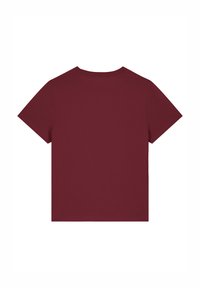 T-shirt en coton bordeaux à manches courtes et col rond. Texture lisse, couleur unie et coupe décontractée. Pas de logos ni de motifs visibles.