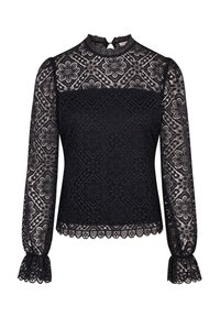 Blusa in pizzo nero con maniche lunghe, colletto alto, motivi floreali e orlo scallop. Il design texturizzato aumenta l'interesse visivo.