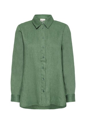 Long-sleeve button-up shirt in textured olive green fabric with pointed collar and buttoned cuffs.