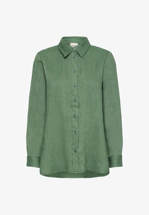 Langarm-Hemd aus strukturierter olivgrüner Baumwolle mit Spitztaille und knöpfbaren Manschetten.