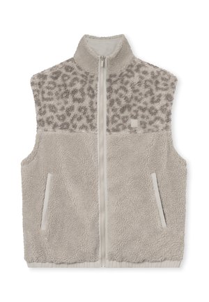 Beige Fleeceweste mit Frontreißverschluss, zwei Seitentaschen und Leopardenmuster auf oberen Brustbereich und Schultern.