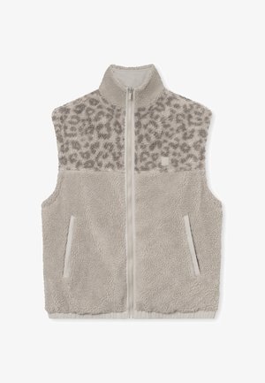 Beige Fleeceweste mit Frontreißverschluss, zwei Seitentaschen und Leopardenmuster auf oberen Brustbereich und Schultern.