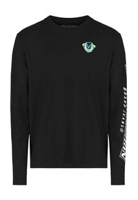 Schwarzes Langarmshirt mit Rundhalsausschnitt. Verfügt über ein Frontlogo in türkis und weißem Text entlang des linken Ärmels. Glatte Stoffstruktur.