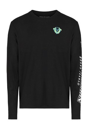 Schwarzes Langarmshirt mit Rundhalsausschnitt. Verfügt über ein Frontlogo in türkis und weißem Text entlang des linken Ärmels. Glatte Stoffstruktur.