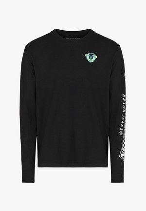 Schwarzes Langarmshirt mit Rundhalsausschnitt. Verfügt über ein Frontlogo in türkis und weißem Text entlang des linken Ärmels. Glatte Stoffstruktur.