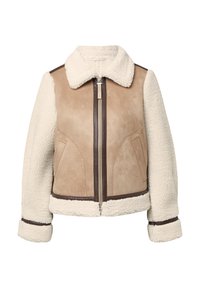 Jacket z miękkiego zamszu w kolorze tan i sztucznego futra w kolorze kremowym, z brązowym zamkiem, dużym kołnierzem, bocznymi kieszeniami oraz kontrastującymi wykończeniami na dolnej krawędzi i mankietach.
