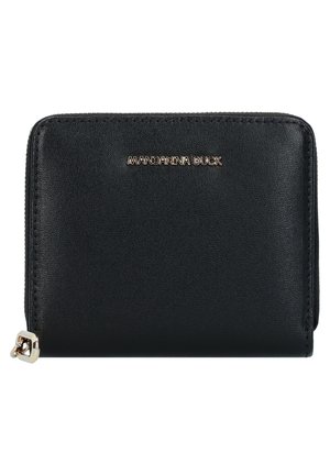 Billetera negra con cremallera, de superficie de cuero texturizado y logo dorado "MANDARINA DUCK" centrado en la parte delantera.