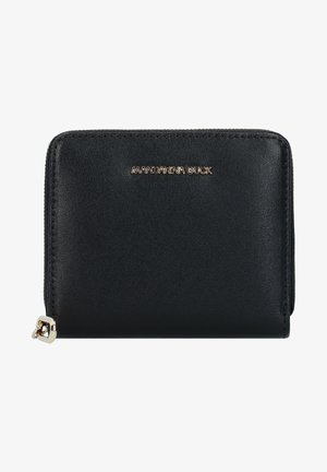 Schwarzes Reißverschlussportemonnaie mit strukturiertem Lederoberfläche und goldenem "MANDARINA DUCK"-Logo, zentral auf der Vorderseite platziert.