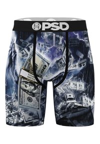 Boxer briefs with blue and black lightning design featuring scattered $100 bills and a black waistband with white PSD logo.