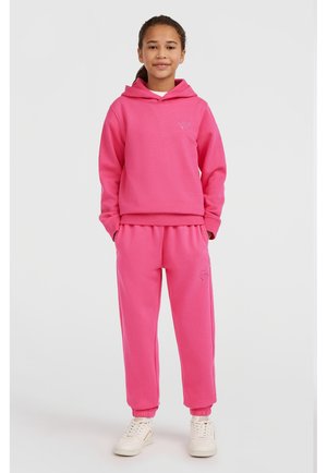 Rosa huvtröja och matchande jogger-set i mjukt material. Huvtröjan har en kanguroficka och broderad logotyp. Strukturerade muddar och midjeband.