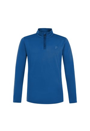 Blauwe pullover met lange mouwen, een kwartrits en hoge kraag, met een klein logo op de linkerbovenborst.