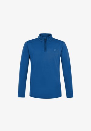 Blue long-sleeve pullover with a quarter zip and high collar, featuring a small logo on the left chest.