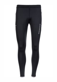Svarta träningsleggings tillverkade av stretchigt material, med en säker midja, sidofickor och reflekterande detaljer.