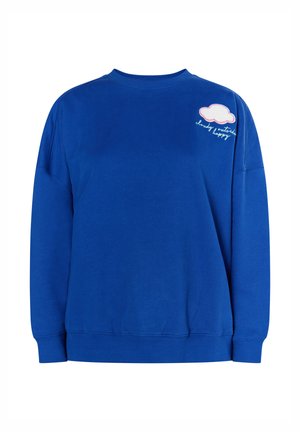 Modrá mikina vyrobená z bavlny, s kulatým výstřihem, dlouhými rukávy a vyšitým designem oblaku na levém rameni.