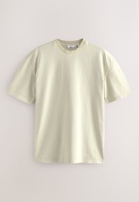 Schlichtes hellbeiges T-Shirt mit kurzen Ärmeln und Rundhalsausschnitt in entspannter Passform, vor neutralem Hintergrund präsentiert.