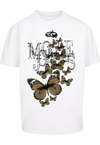 Hvid bomulds t-shirt med et grafisk design af brune og sorte sommerfugle samt slidte tekstelementer. Kortærmet og afslappet pasform.