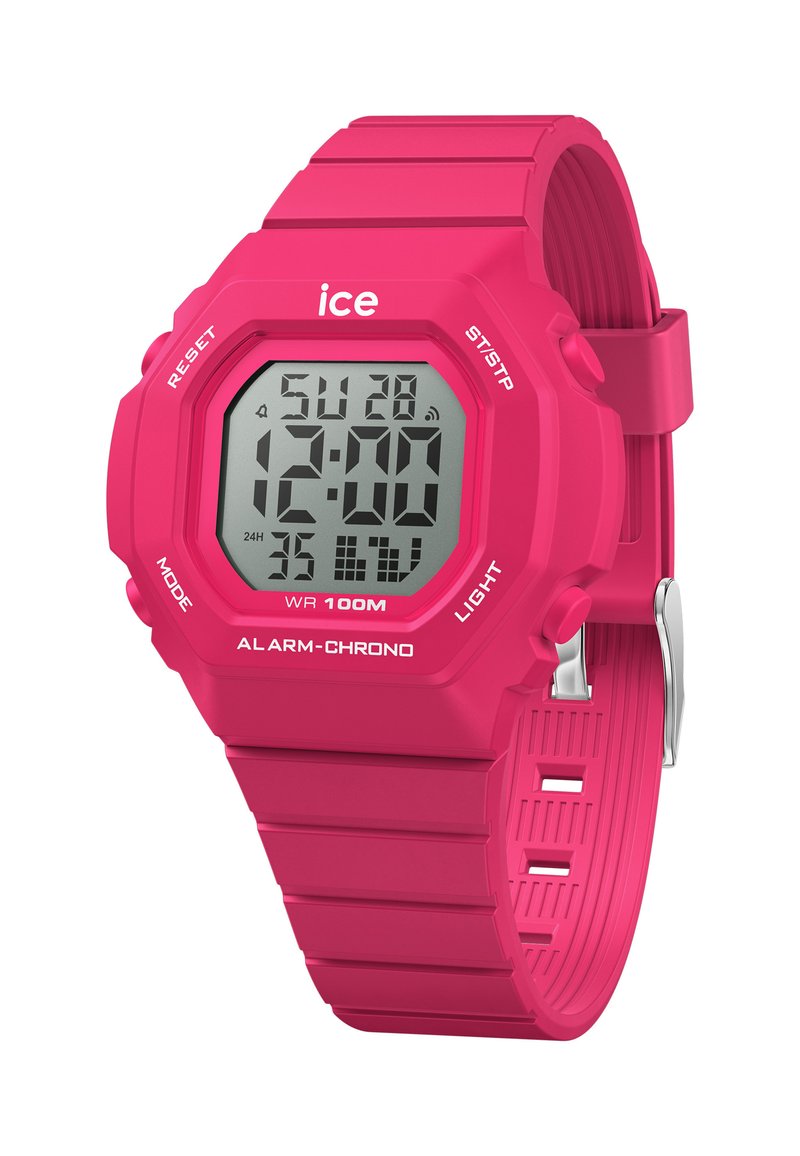 Reloj digital con una brillante correa de silicona rosa, caja octagonal, pantalla LCD, con funciones que incluyen alarma, cronógrafo y resistencia al agua hasta 100m.