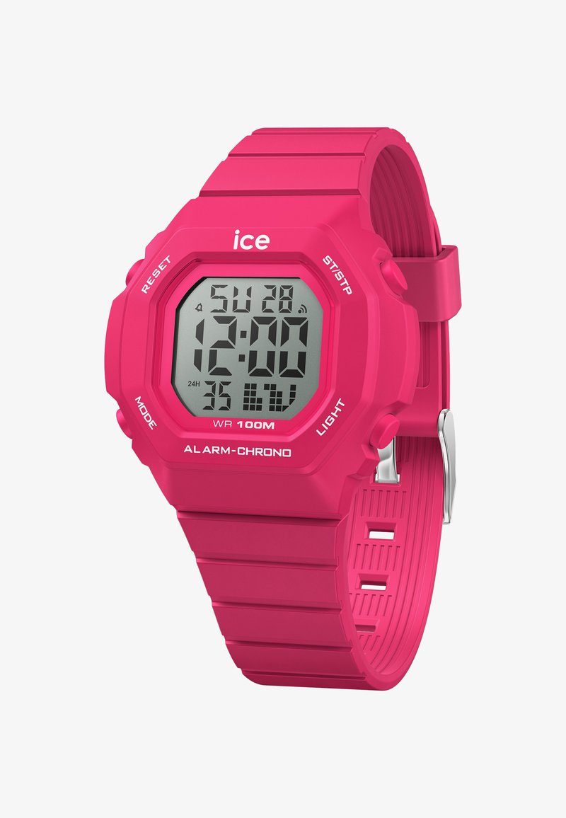 Digitaluhr mit einem leuchtend pinken Silikonarmband, achteckigem Gehäuse, LCD-Display. Zu den Funktionen gehören Alarm, Stoppuhr und Wasserdichtigkeit bis 100 m.