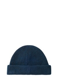 Dark blue knit beanie with a ribbed texture and folded cuff. Soft material and rounded top, designed for warmth and comfort.