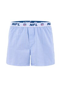 Hellblaue Herrenboxershorts mit dünnen weißen vertikalen Streifen, versehen mit einem weißen elastischen Bund, bedruckt mit NFL-Logos und marineblauem "NFL"-Text.