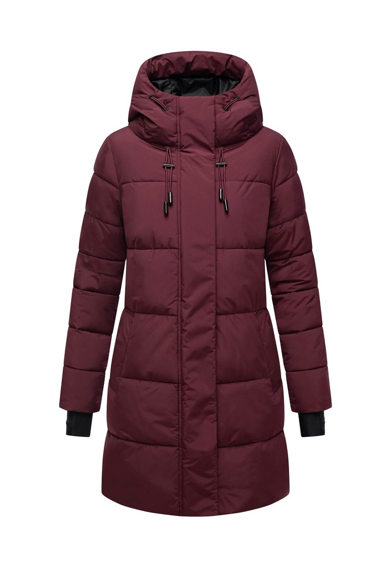 Long maroon padded winter coat with high collar, front zipper, drawstrings, and pockets, shown against a white background.
