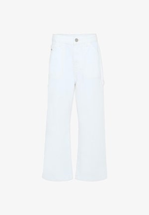 Jeans bianchi a gamba larga realizzati in cotone, con chiusura frontale a bottoni, due tasche frontali e due tasche laterali con dettagli di cuciture visibili.