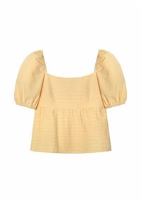 Blouse à carreaux jaunes avec des manches courtes bouffantes, un décolleté carré et un ourlet froncé en peplum. Tissu léger avec un motif à carreaux sur toute la surface.