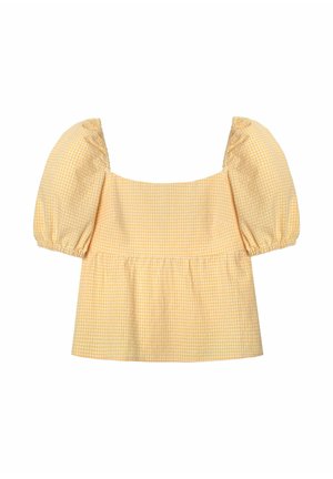 Blusa de cuadro amarillo con mangas cortas abullonadas, escote cuadrado y dobladillo de peplum fruncido. Tejido ligero con patrón a cuadros en toda la prenda.