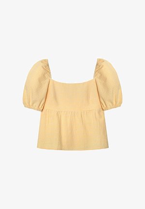 Blusa de cuadro amarillo con mangas cortas abullonadas, escote cuadrado y dobladillo de peplum fruncido. Tejido ligero con patrón a cuadros en toda la prenda.