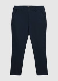 Pantalon bleu marine en tissu lisse, doté de deux poches latérales, de passants pour ceinture et d'une coupe fuselée avec un ourlet net.