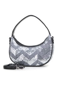 Borsa a mano nera e argento con paillettes, caratterizzata da un motivo a zigzag, forma arrotondata, manico superiore e tracolla removibile.