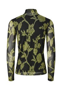 Haut noir transparent à manches longues avec col haut et grande broderie florale et feuillue verte couvrant les manches et le dos.