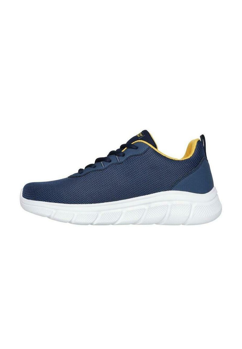 Scarpe da ginnastica in rete blu navy con accenti gialli, dotate di una suola bianca ammortizzata e design con lacci, ideali per comfort e traspirabilità.