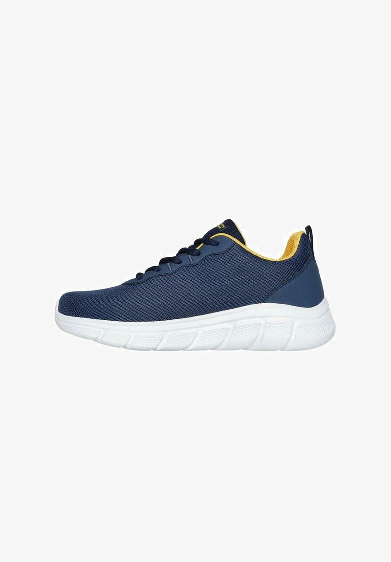 Scarpe da ginnastica in rete blu navy con accenti gialli, dotate di una suola bianca ammortizzata e design con lacci, ideali per comfort e traspirabilità.