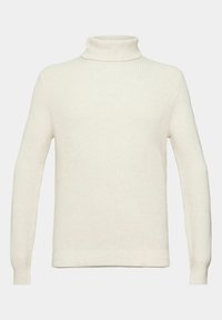 Cremefarbener Rollkragenpullover aus geripptem Stoff, mit langen Ärmeln und einem enganliegenden Kragen. Glatte Textur und schlichtes Design.