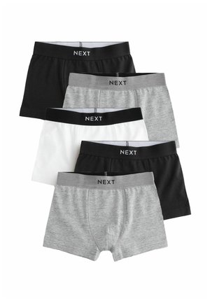 Öt pár boxer alsónadrág fekete, szürke és fehér színben, elasztikus derékkal és "NEXT" logóval, sima pamut anyagból készült, klasszikus szabású.